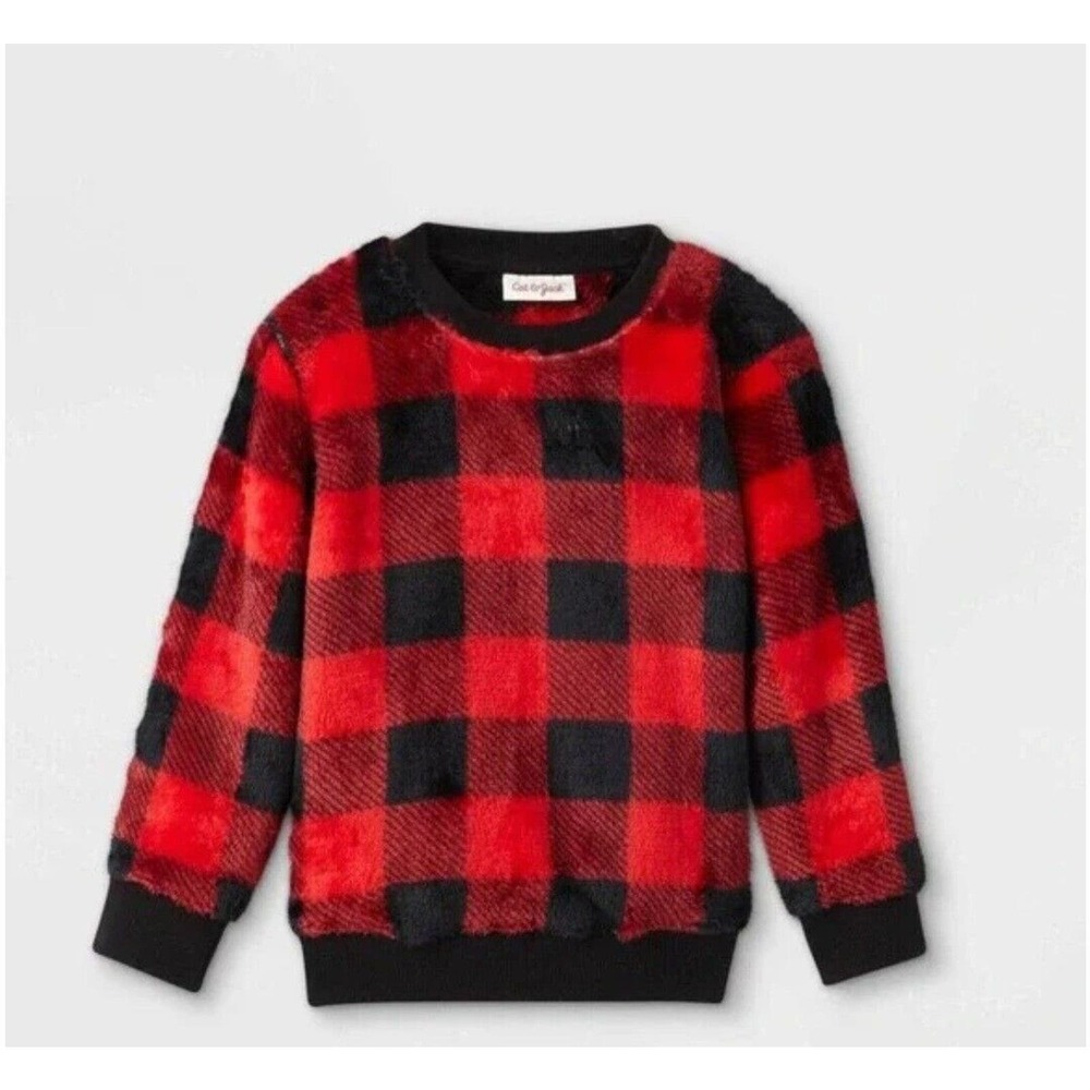 Cat & Jack Sherpa Crew Neck Pullover Sweatshirt Red Black Toddler Boys Size 12m